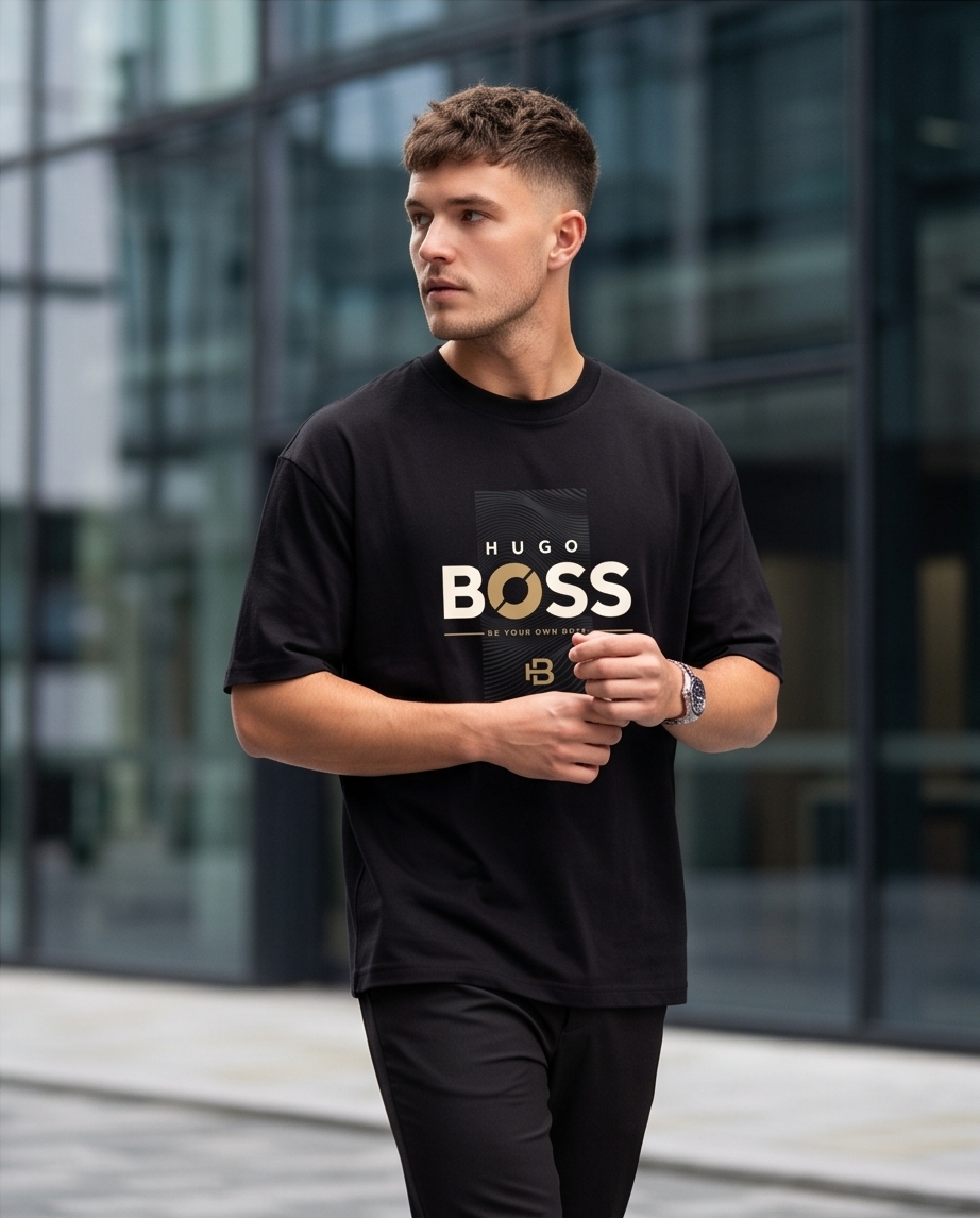 Camiseta Hugo Boss BOSS Be Your Own Boss Gold HB Monogram Wave Negro - Lifestyle modelo caminando fondo edificio vidrio