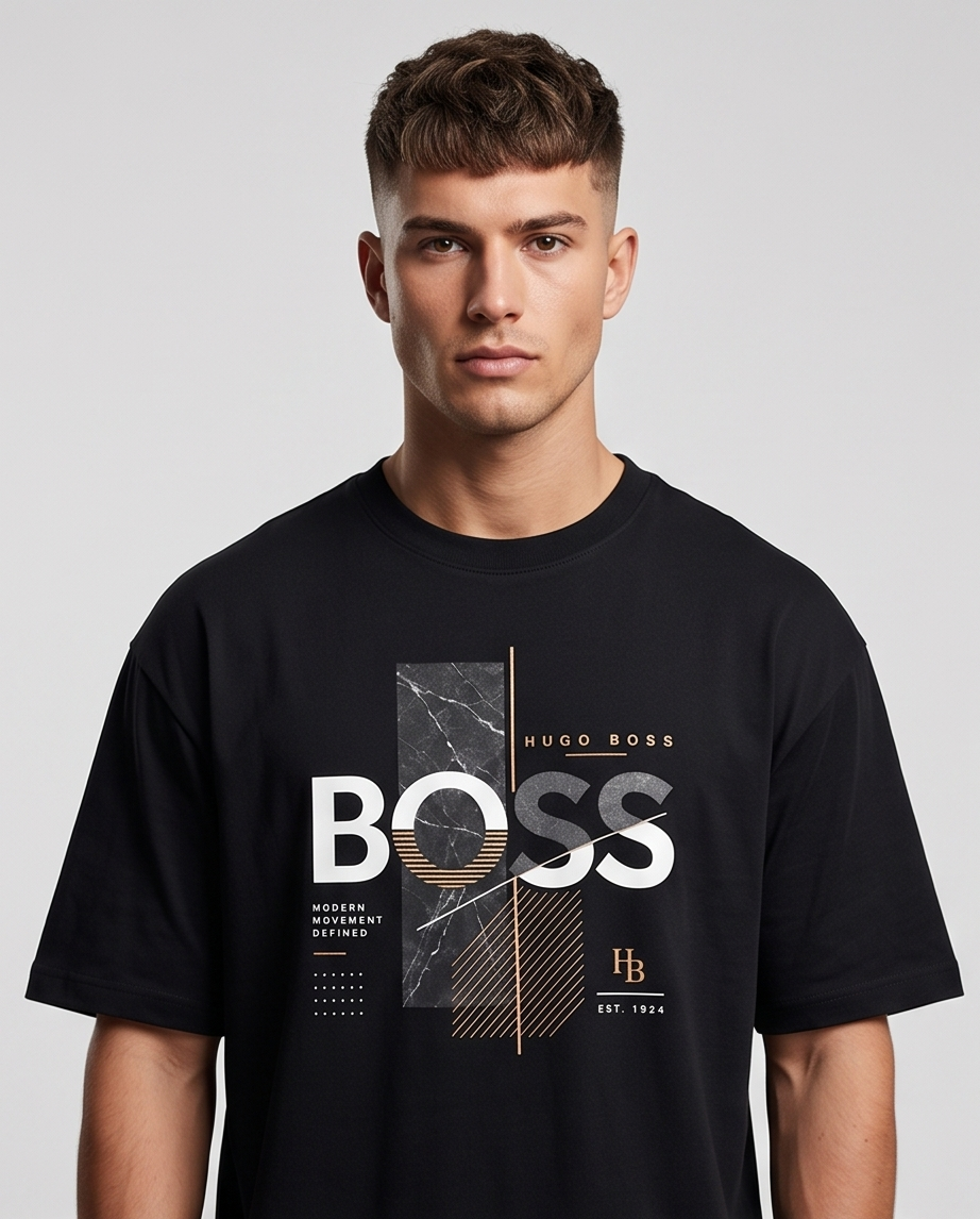 Camiseta Hugo Boss BOSS Modern Movement Defined Marble Gold Negro - Lifestyle modelo posando fondo gris vista frontal