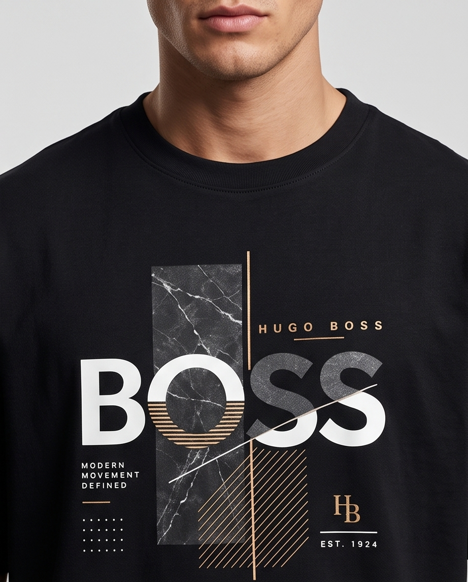 Camiseta Hugo Boss BOSS Modern Movement Defined Marble Gold Negro - Detalle estampado busto fondo gris