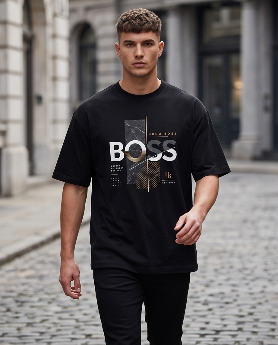 Camiseta Hugo Boss BOSS Modern Movement Defined Marble Gold Negro - Lifestyle modelo caminando calle adoquinada