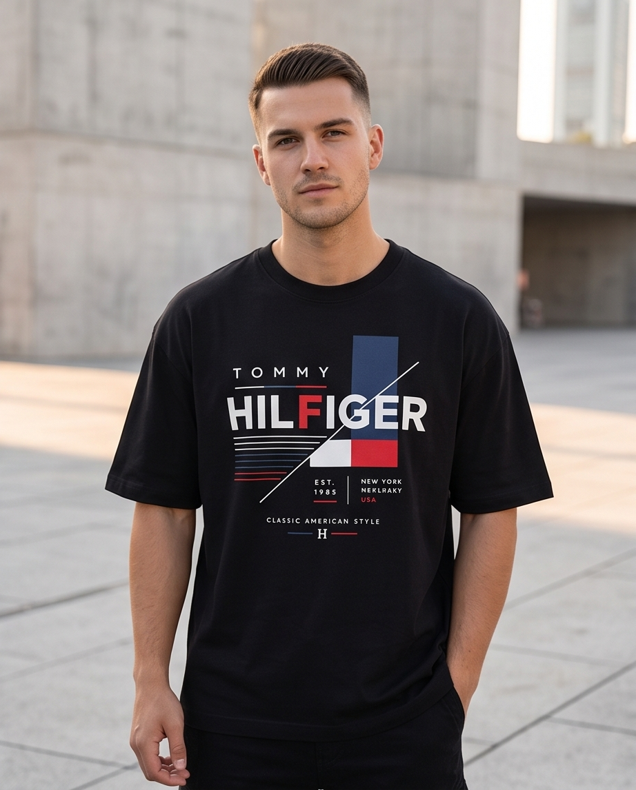 Camiseta Tommy Hilfiger Est. 1985 Classic American Style Flag Slash Negro - Lifestyle modelo posando fondo concreto