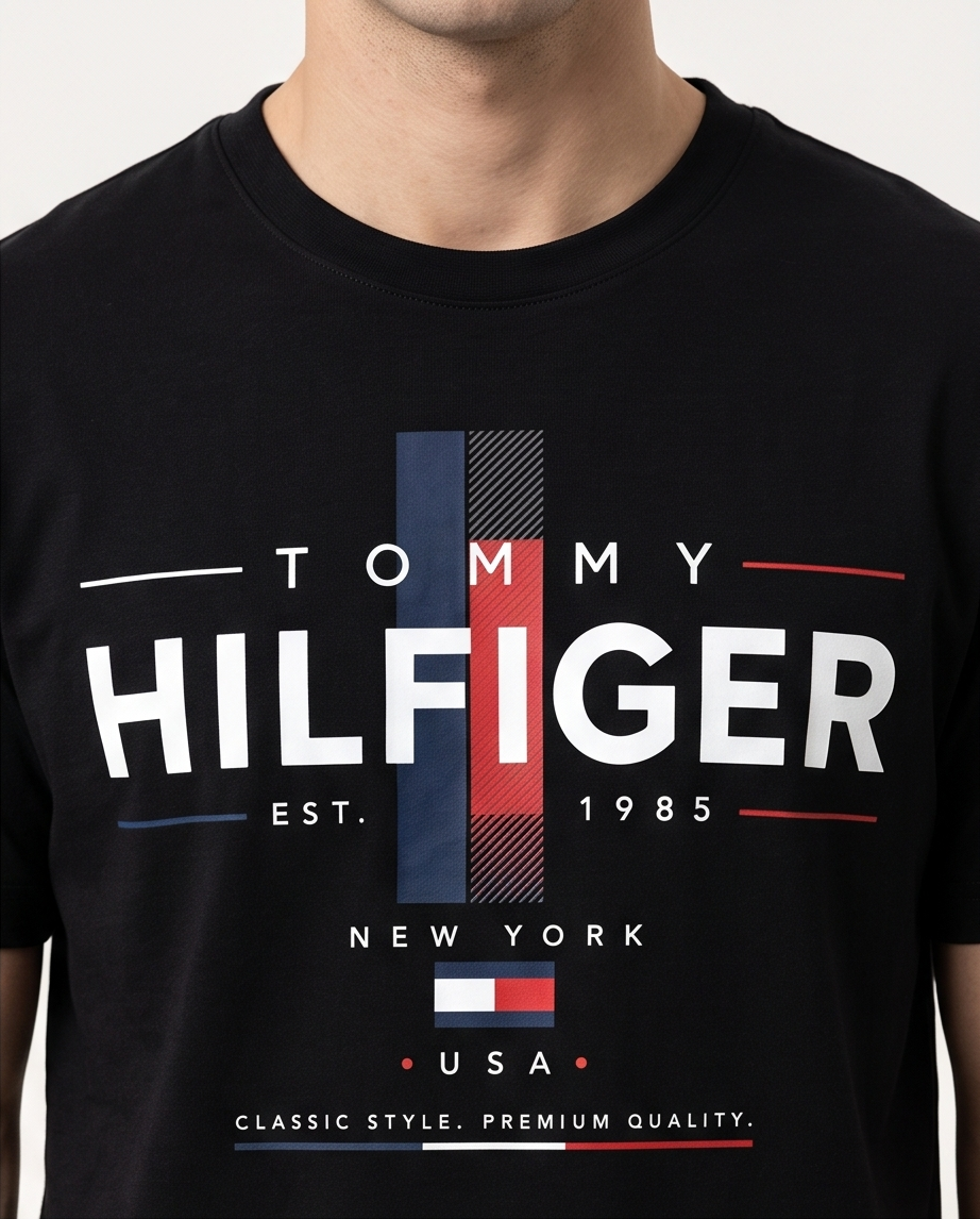 Camiseta Tommy Hilfiger Est. 1985 New York USA Classic Style Premium Quality Stripe Negro - Detalle estampado busto modelo