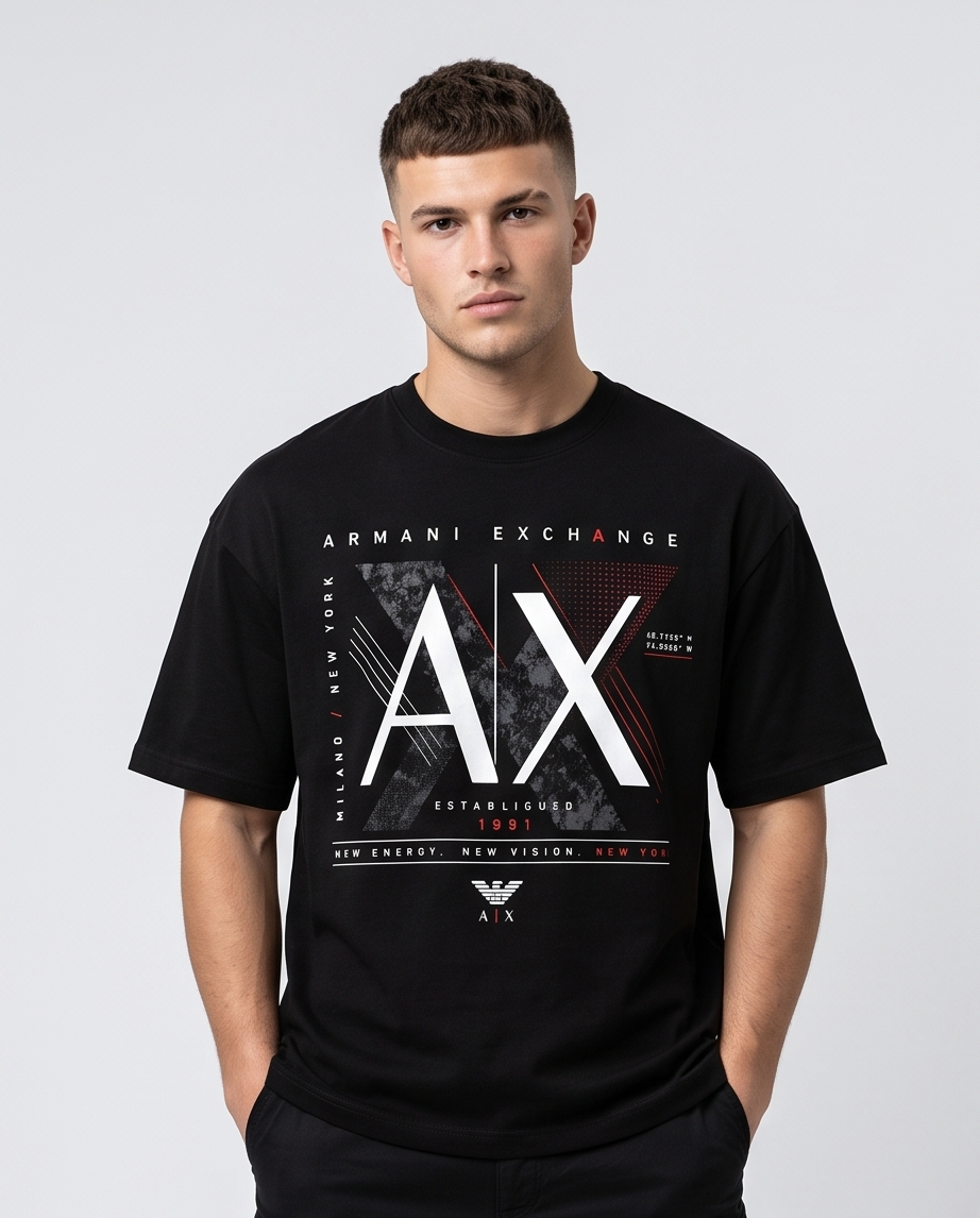 Camiseta Armani Exchange AX Established 1991 Red Accent Negro - Lifestyle modelo posando fondo gris