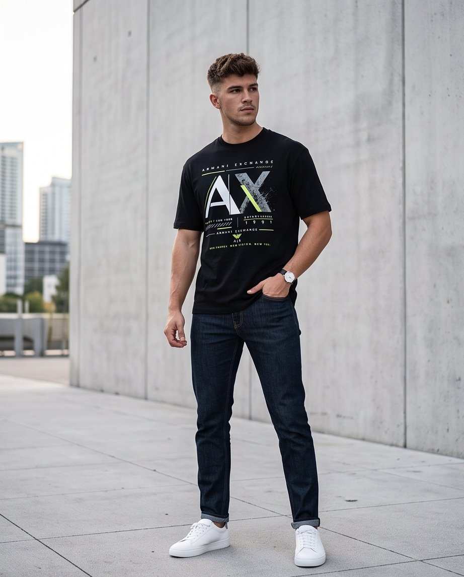 Camiseta Armani Exchange AX Established 1991 New Energy New Vision Negro - Lifestyle modelo posando fondo concreto