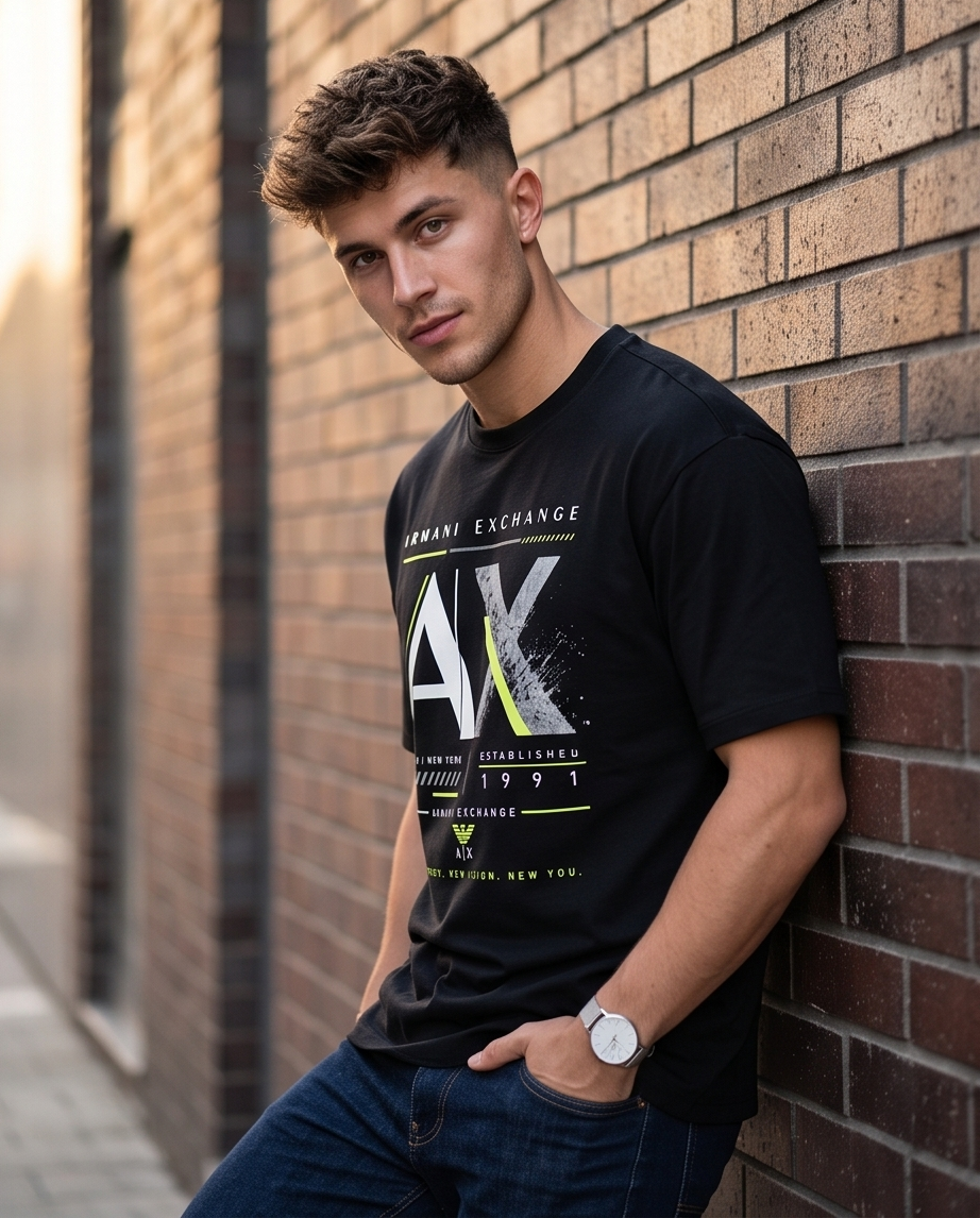 Camiseta Armani Exchange AX Established 1991 New Energy New Vision Negro - Lifestyle modelo apoyado muro ladrillo