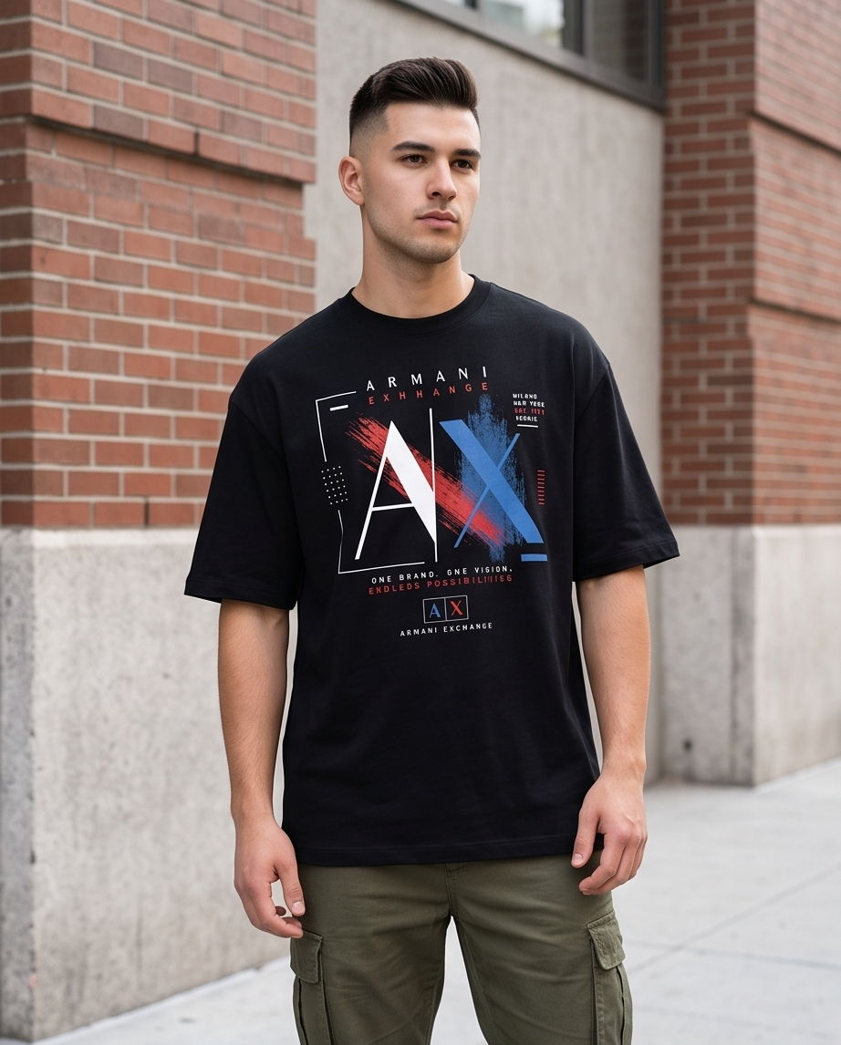 Camiseta Armani Exchange AX Endless Possibilities Negro - Lifestyle modelo posando fondo edificio concreto