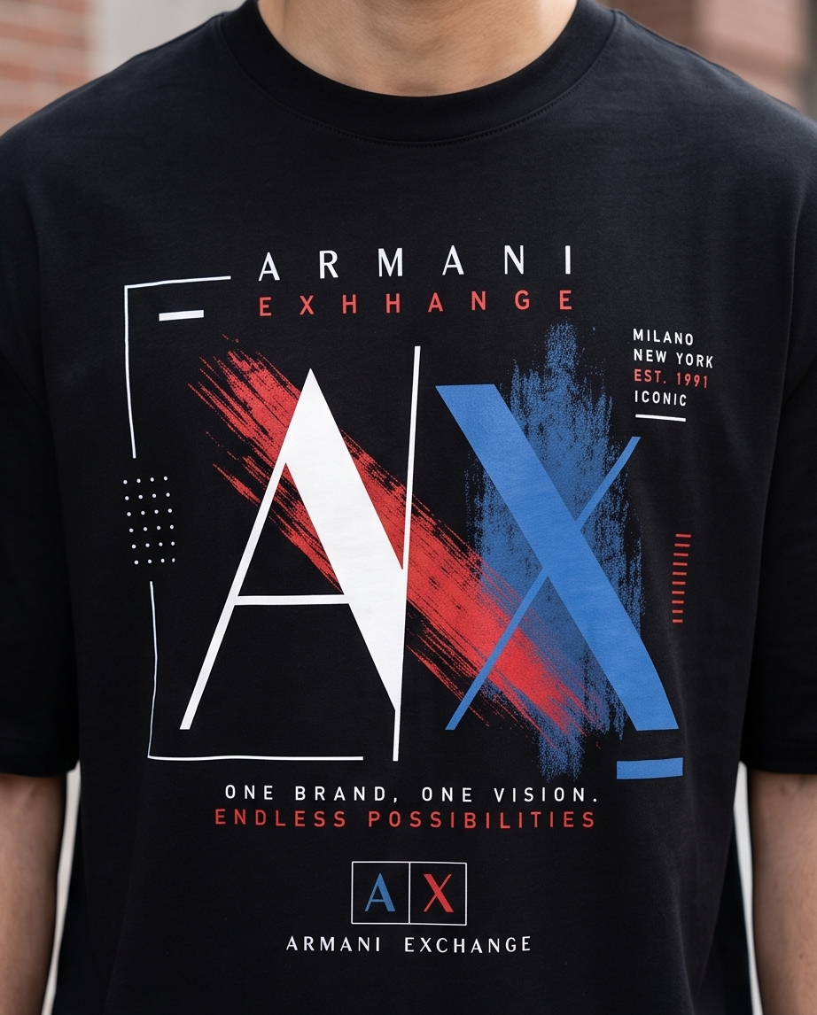 Camiseta Armani Exchange AX Endless Possibilities Negro - Detalle estampado busto modelo fondo ladrillo