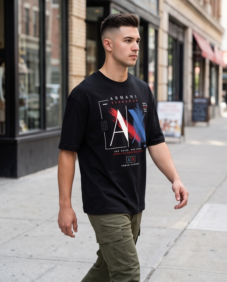 Camiseta Armani Exchange AX Endless Possibilities Negro - Lifestyle modelo caminando calle ciudad