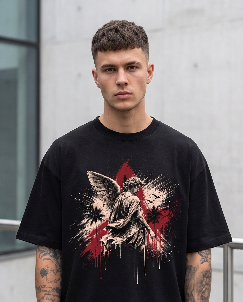 Camiseta Oversize Angel Caido Triangulo Rojo Drip Negro - Detalle estampado busto modelo
