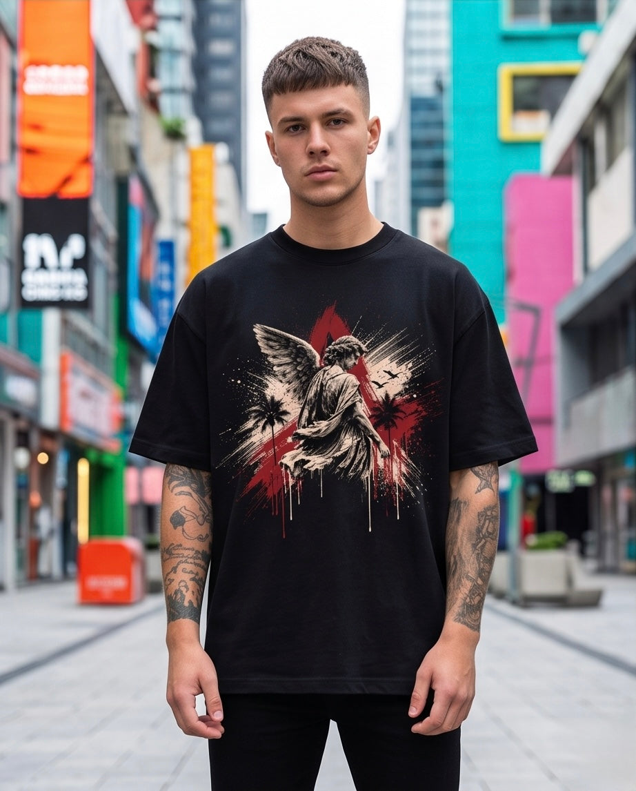 Camiseta Oversize Angel Caido Triangulo Rojo Drip Negro - Lifestyle modelo calle ciudad colorida