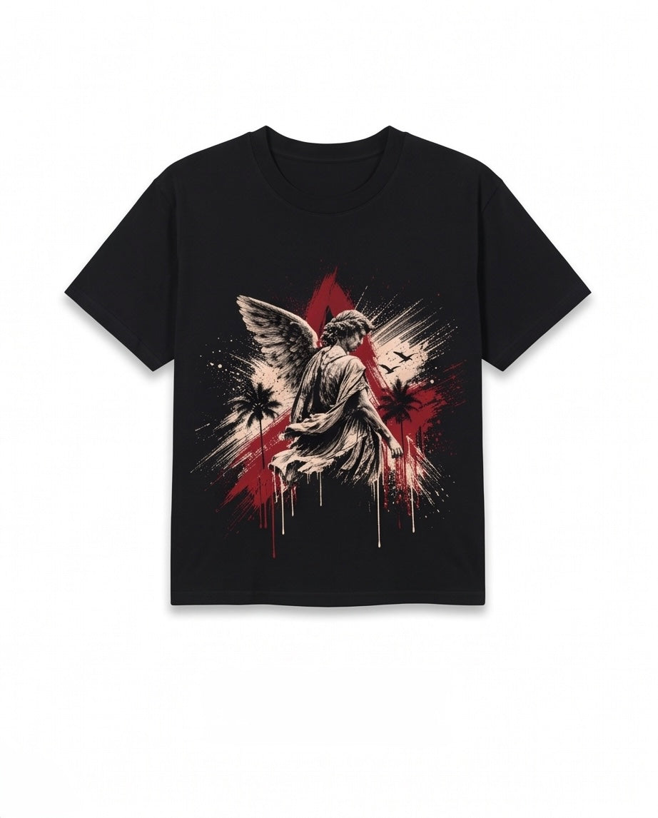 Camiseta Oversize Angel Caido Triangulo Rojo Drip Negro - Lifestyle modelo posando fondo gris concreto