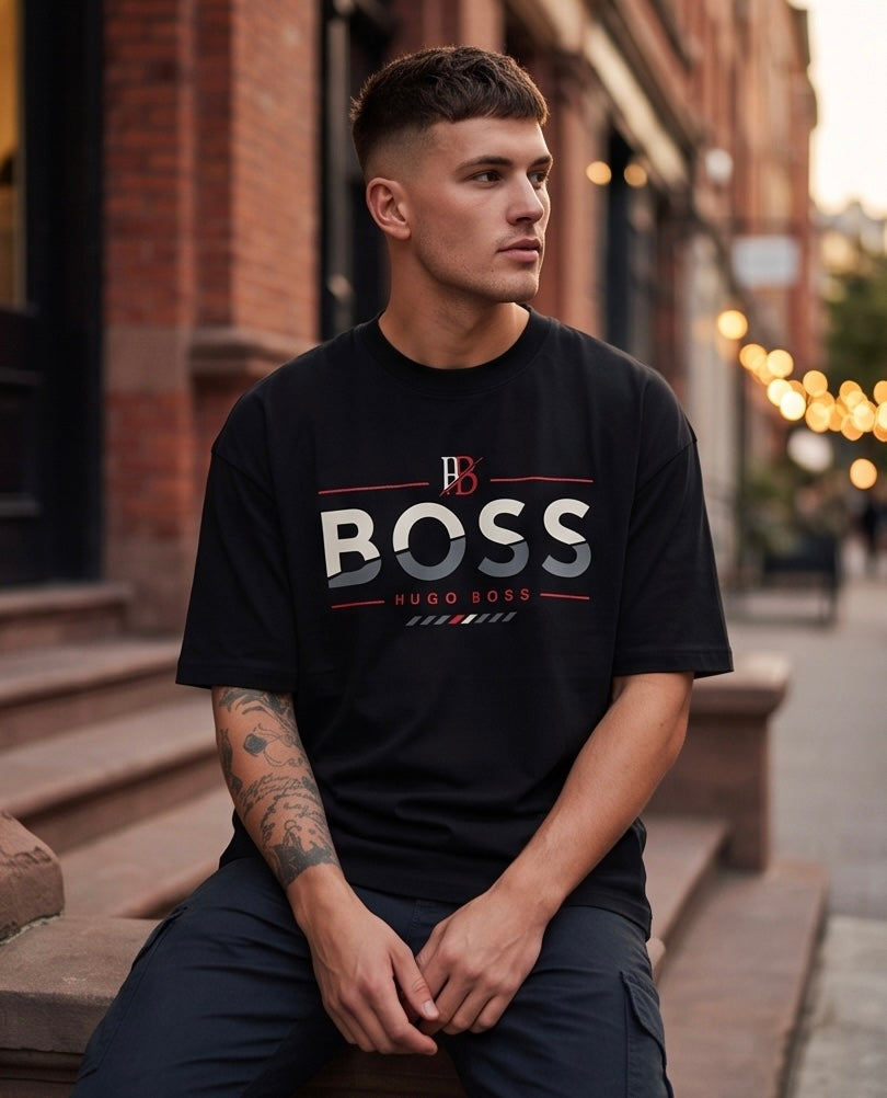 Camiseta Hugo Boss BOSS HB Monogram Red Line Negro - Lifestyle modelo sentado fachada ladrillo