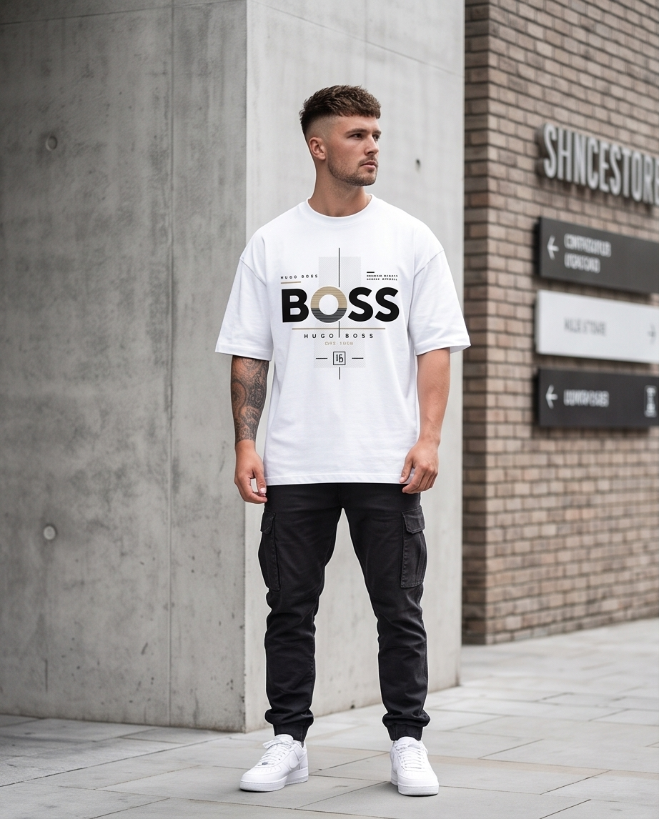 Camiseta Hugo Boss Premium Quality Modern Apparel Est. 1924 Gold Cross Blanco - Lifestyle modelo posando fachada concreto