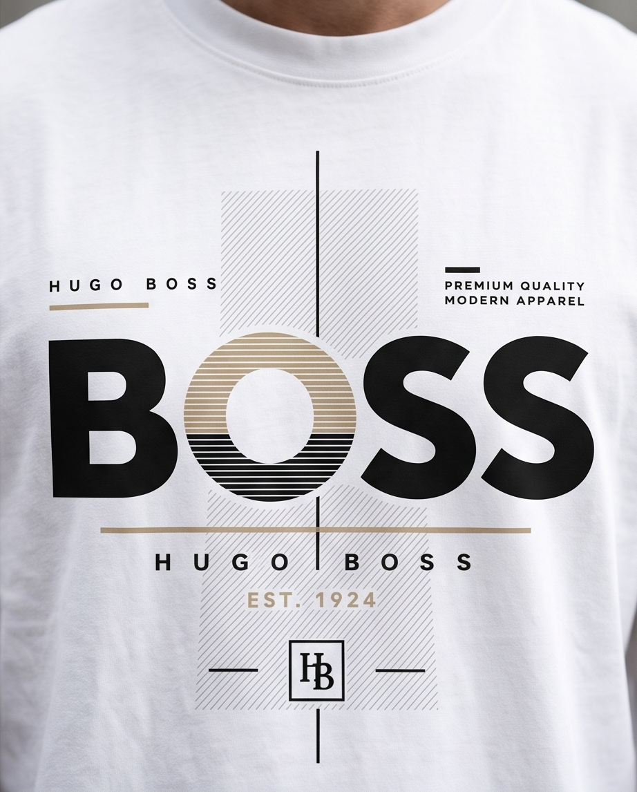 Camiseta Hugo Boss Premium Quality Modern Apparel Est. 1924 Gold Cross Blanco - Detalle estampado busto modelo
