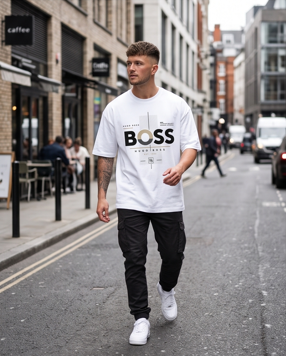 Camiseta Hugo Boss Premium Quality Modern Apparel Est. 1924 Gold Cross Blanco - Lifestyle modelo caminando calle ciudad