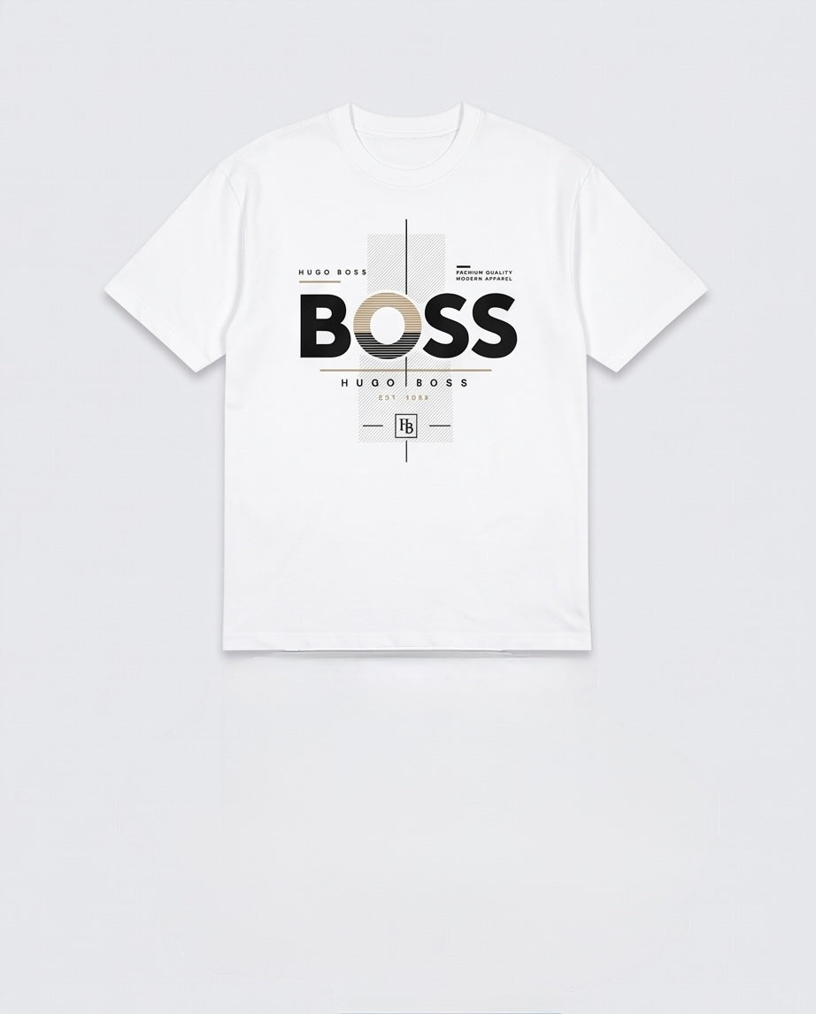 Camiseta Hugo Boss Premium Quality Modern Apparel Est. 1924 Gold Cross Blanco - Vista plana fondo gris