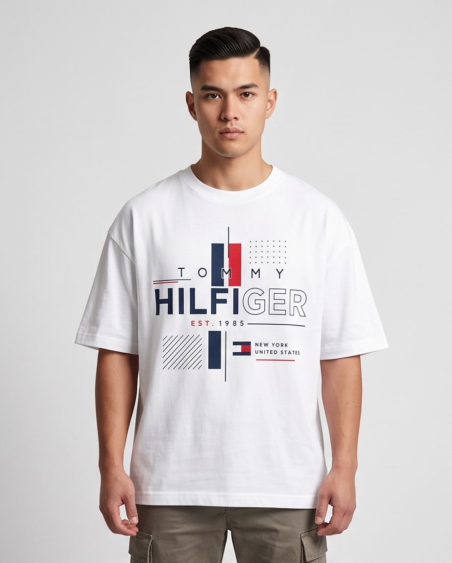Camiseta Tommy Hilfiger Hilfiger Est. 1985 Grid Crossline Blanco - Vista frontal modelo fondo gris