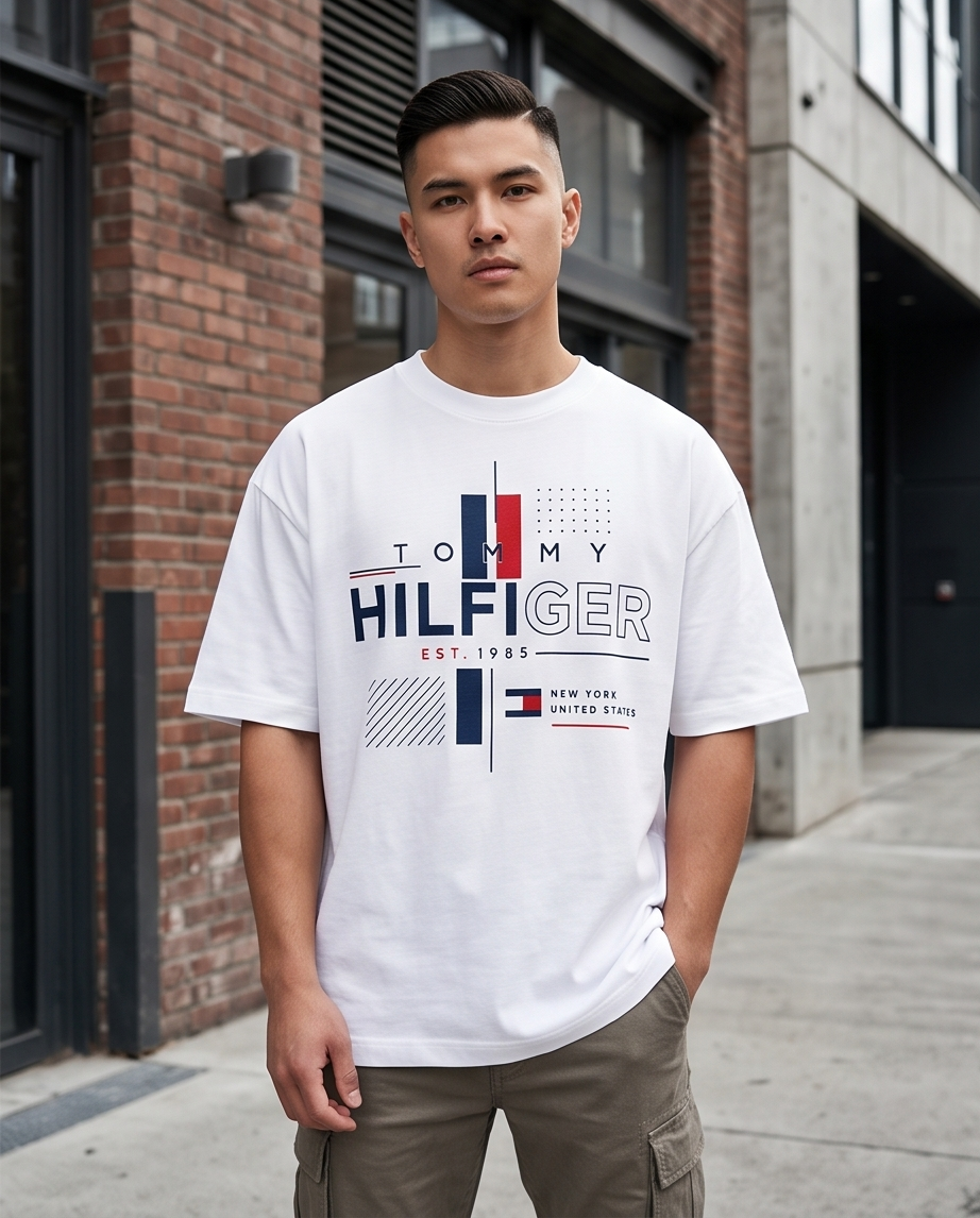 Camiseta Tommy Hilfiger Hilfiger Est. 1985 Grid Crossline Blanco - Lifestyle modelo calle ladrillo