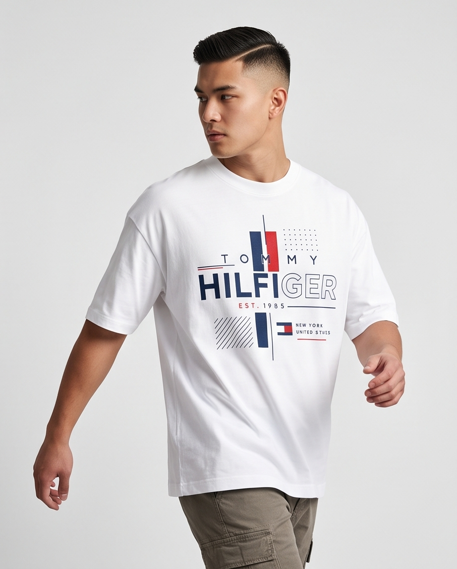 Camiseta Tommy Hilfiger Hilfiger Est. 1985 Grid Crossline Blanco - Lifestyle modelo caminando fondo gris