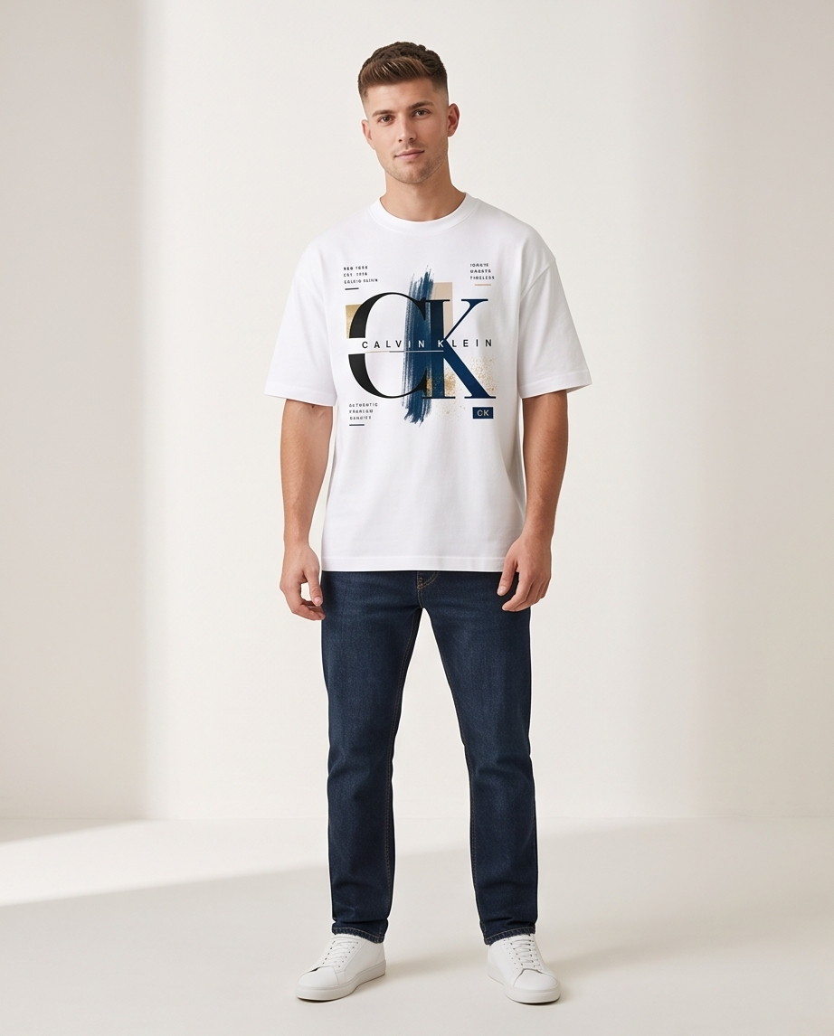 Camiseta Calvin Klein CK Monogram Iconic Gold Brushstroke Blanco - Vista frontal modelo fondo beige cuerpo completo