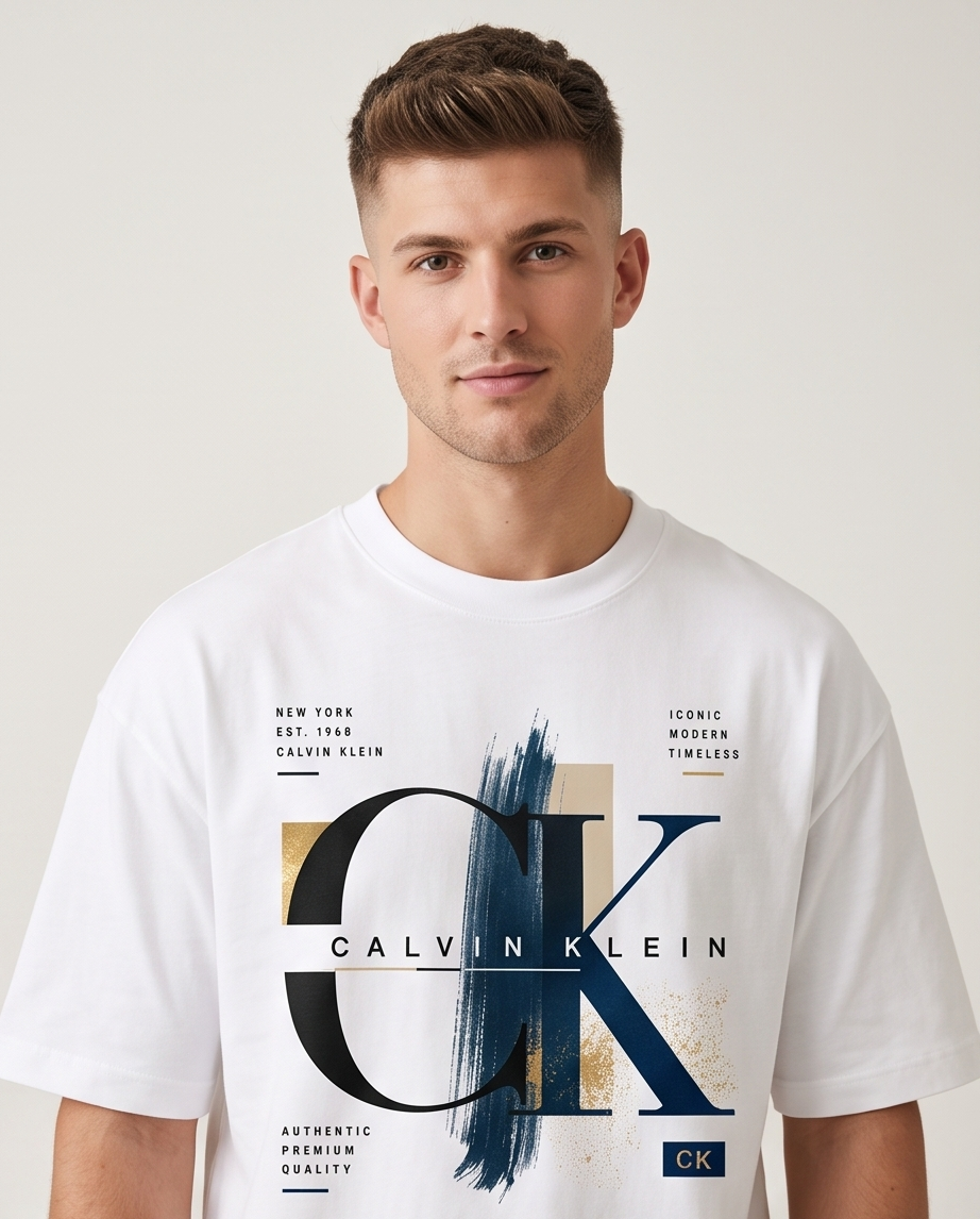 Camiseta Calvin Klein CK Monogram Iconic Gold Brushstroke Blanco - Detalle estampado busto modelo