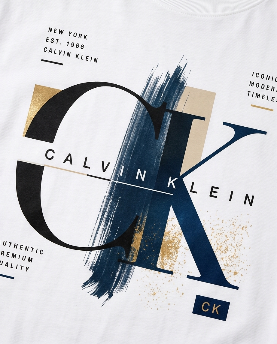 Camiseta Calvin Klein CK Monogram Iconic Gold Brushstroke Blanco - Detalle estampado fondo blanco