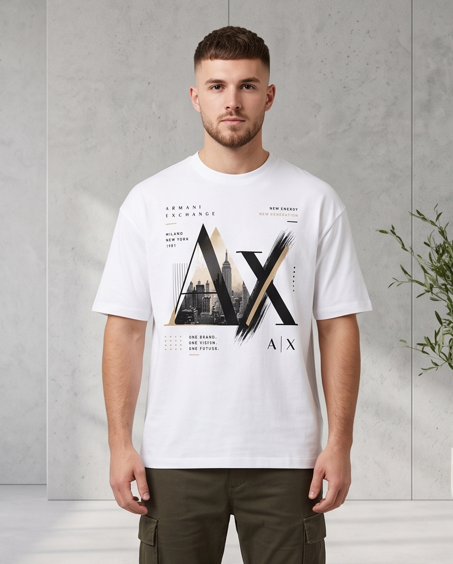 Camiseta Armani Exchange AX New Energy New Generation Skyline Gold Blanco - Vista frontal modelo fondo concreto