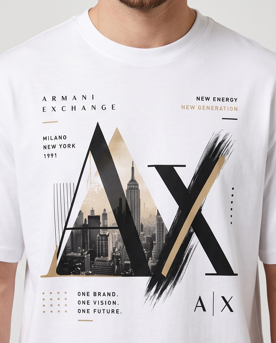 Camiseta Armani Exchange AX New Energy New Generation Skyline Gold Blanco - Detalle estampado frontal
