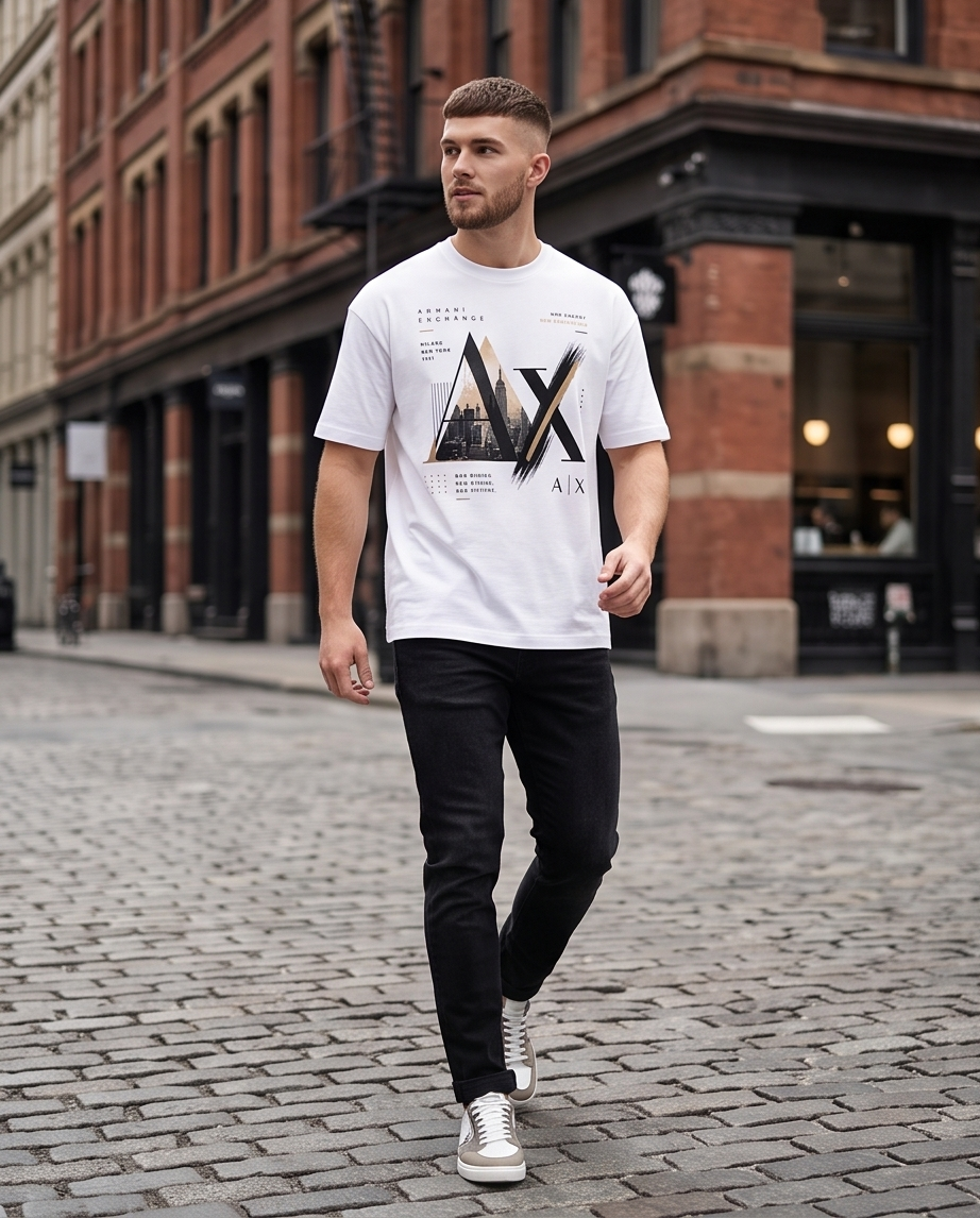 Camiseta Armani Exchange AX New Energy New Generation Skyline Gold Blanco - Lifestyle modelo calle adoquines