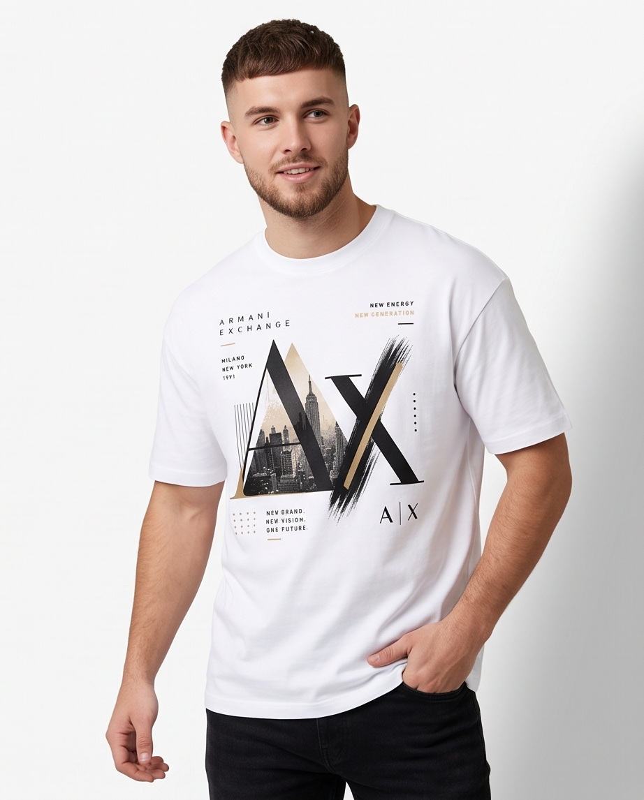 Camiseta Armani Exchange AX New Energy New Generation Skyline Gold Blanco - Vista frontal modelo fondo blanco