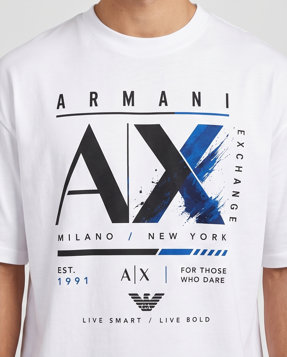 Camiseta Armani Exchange AX Milano New York Live Bold Blanco - Detalle estampado frontal