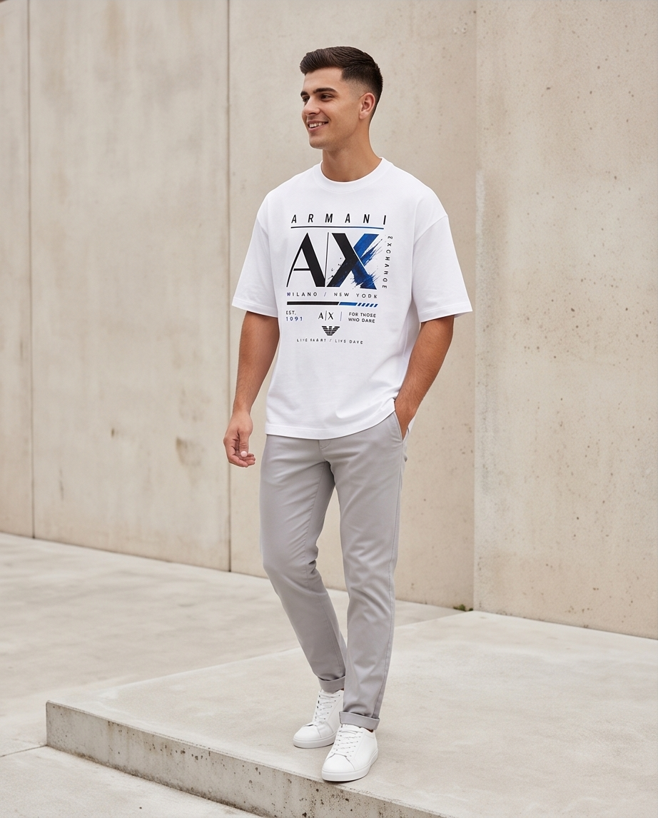 Camiseta Armani Exchange AX Milano New York Live Bold Blanco - Lifestyle modelo calle sonriendo