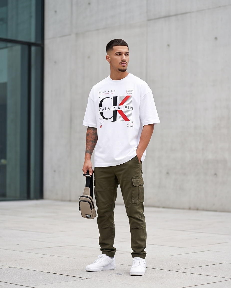 Camiseta Calvin Klein CK Established 1968 Grid Blanco - Lifestyle modelo plaza con bolso