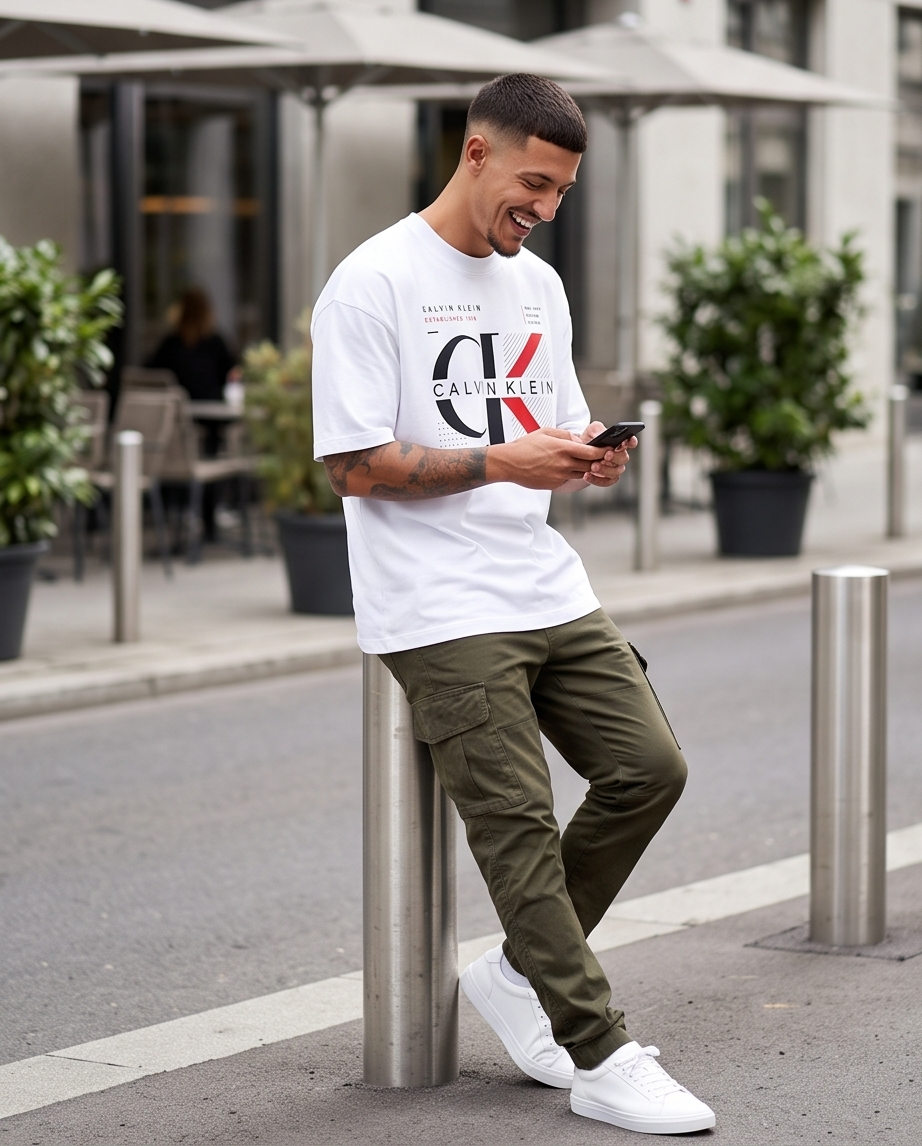 Camiseta Calvin Klein CK Established 1968 Grid Blanco - Lifestyle modelo calle sonriendo