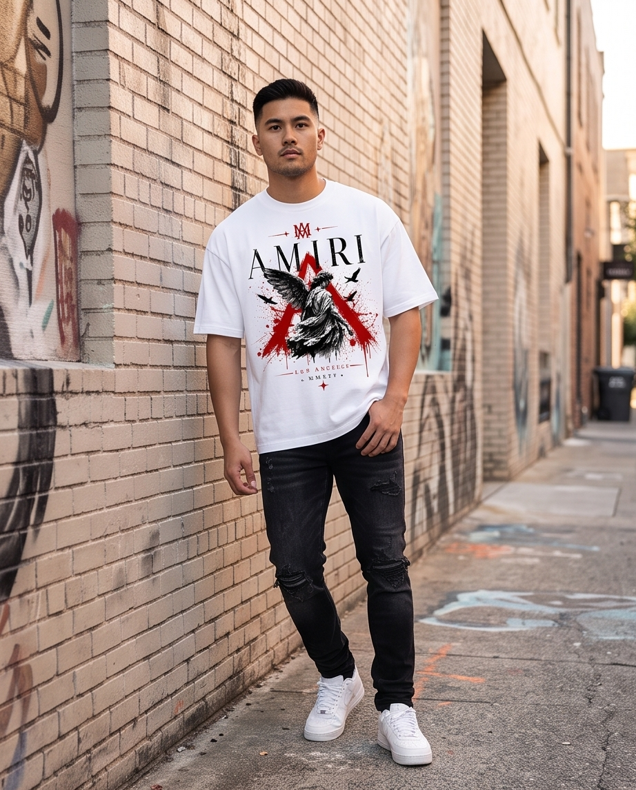 Camiseta Amiri Angel Dark Triangle MMXIV Blanco - Lifestyle modelo callejon grafiti