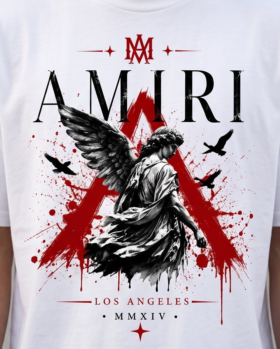 Camiseta Amiri Angel Dark Triangle MMXIV Blanco - Detalle estampado frontal