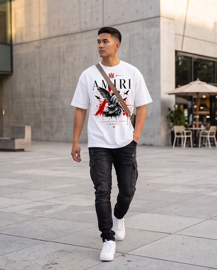 Camiseta Amiri Angel Dark Triangle MMXIV Blanco - Lifestyle modelo caminando plaza