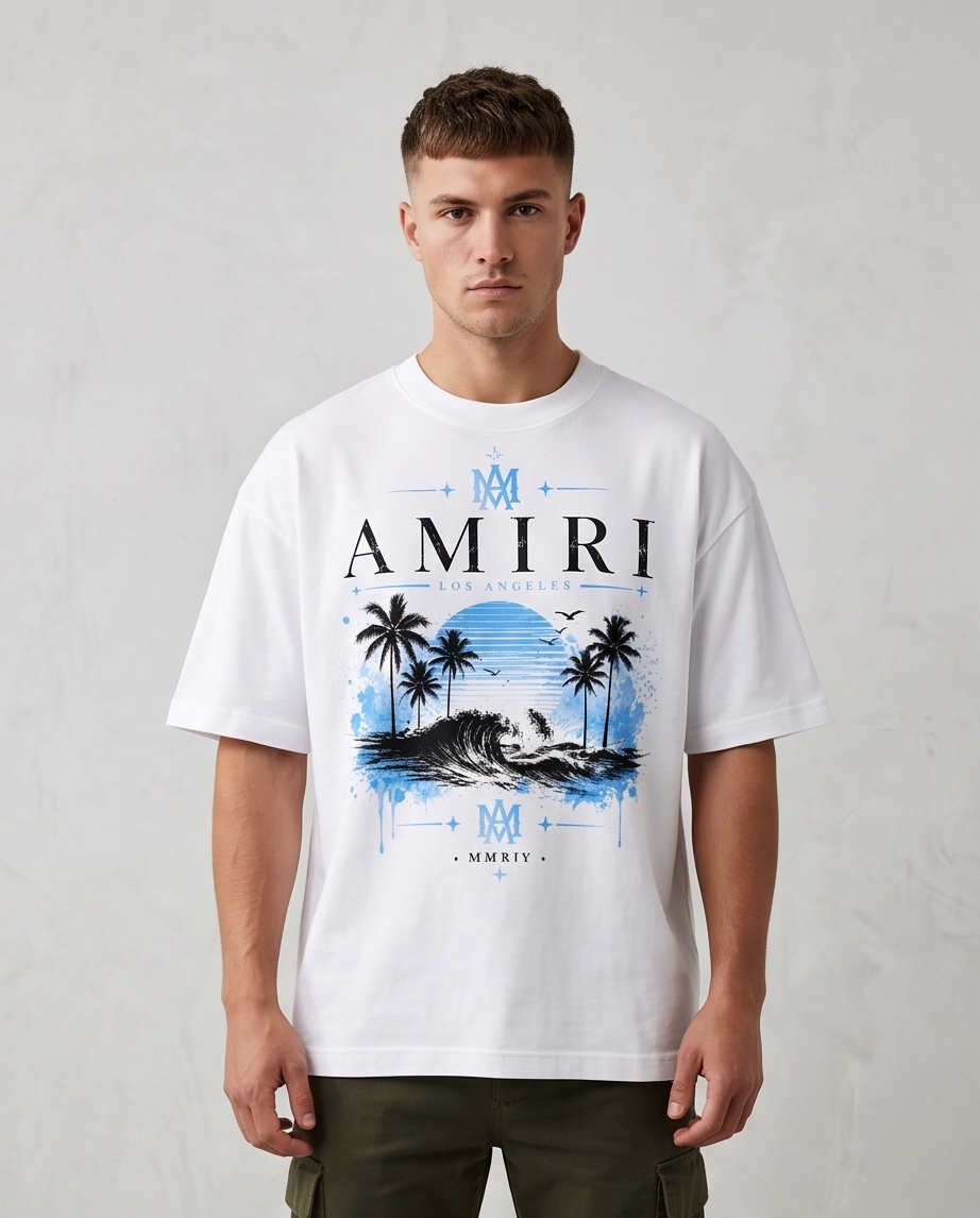Camiseta Amiri Los Angeles Beach Wave Blanco - Vista frontal modelo fondo blanco