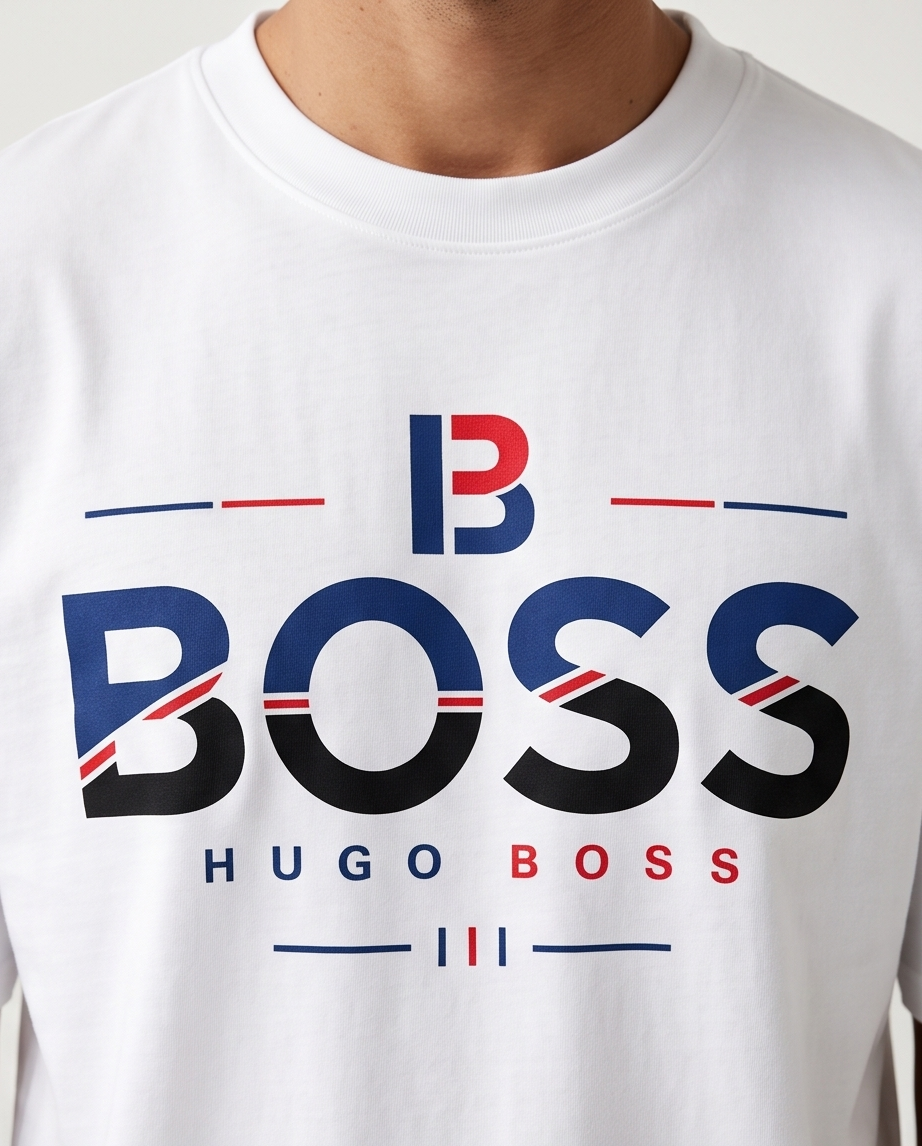 Camiseta Hugo Boss Tricolor B Logo Blanco - Detalle estampado frontal