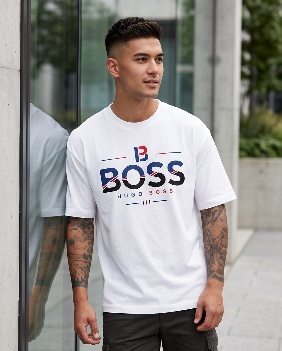 Camiseta Hugo Boss Tricolor B Logo Blanco - Lifestyle modelo exterior