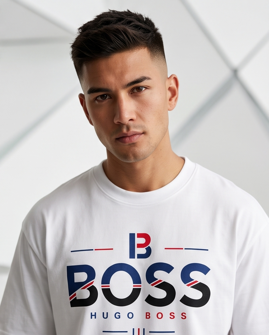 Camiseta Hugo Boss Tricolor B Logo Blanco - Vista frontal modelo fondo blanco