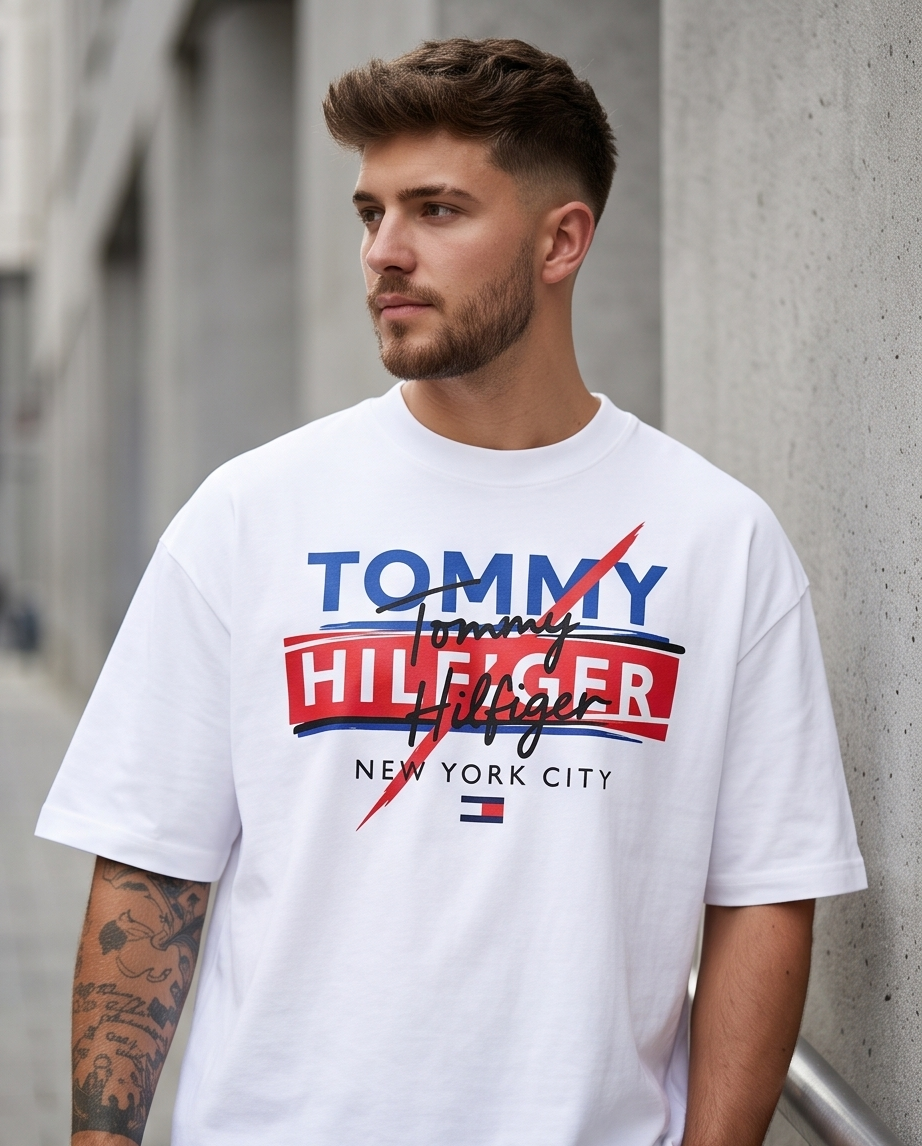 Camiseta Tommy Hilfiger NYC Script Layered Blanco - Vista frontal modelo fondo gris