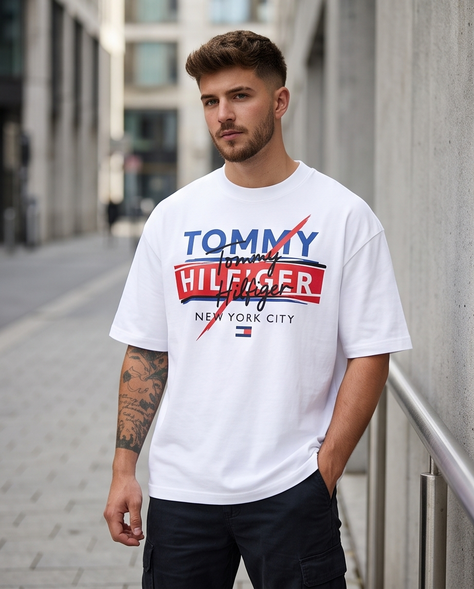 Camiseta Tommy Hilfiger NYC Script Layered Blanco - Lifestyle modelo calle