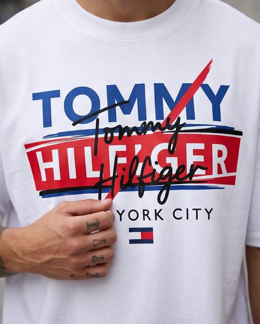 Camiseta Tommy Hilfiger NYC Script Layered Blanco - Detalle estampado frontal