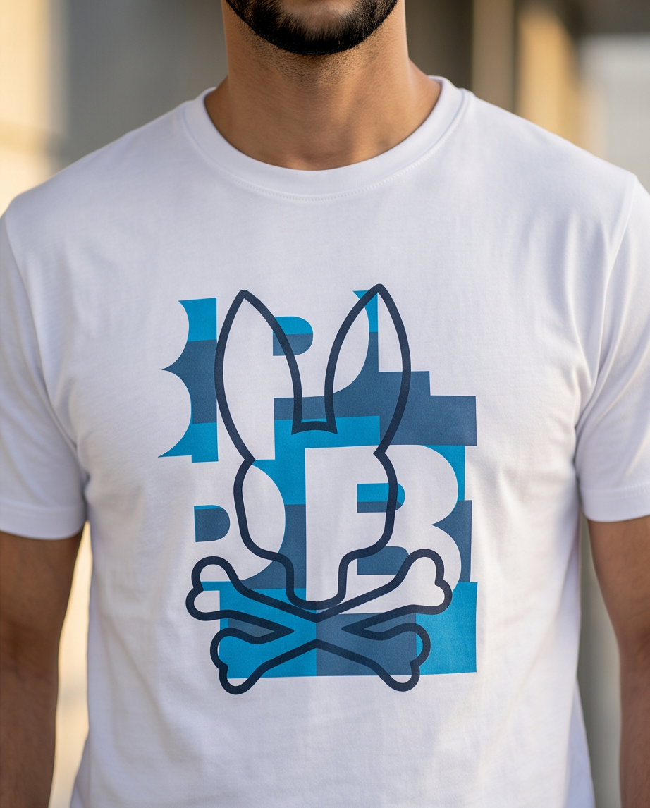 Detalle gráfico Psycho Bunny logo azul turquesa