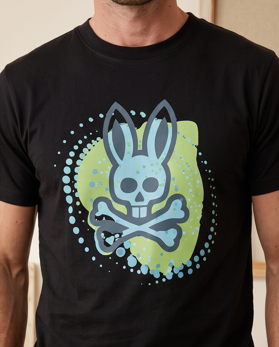 Detalle gráfico Psycho Bunny azul sobre verde lima con puntos