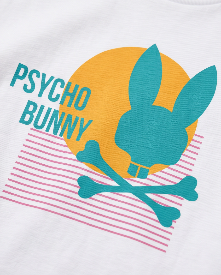 Detalle gráfico Sunset Bunny turquesa sobre sol naranja con líneas rosas
