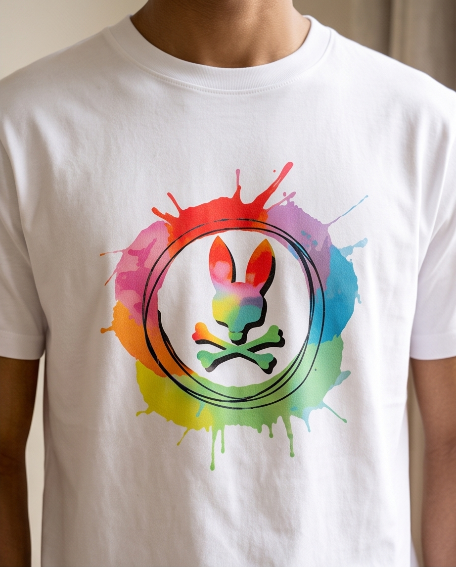 Detalle gráfico Rainbow Splash conejo multicolor acuarela