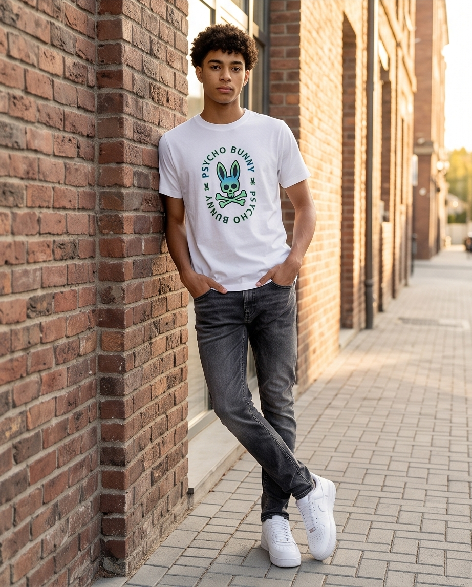 Camiseta Psycho Bunny Circle Logo hombre - look urbano exterior ladrillo