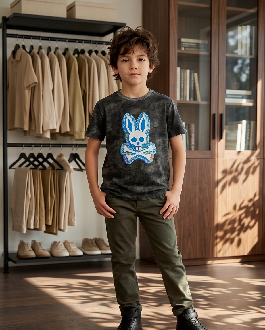 Camiseta Psycho Bunny niño gris tie-dye parche azul - pose completa interior